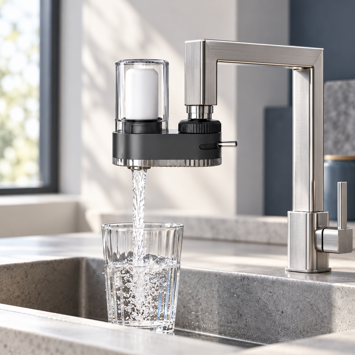 Filtre WaterPuro™ anthracite installé sur un robinet dans une cuisine claire