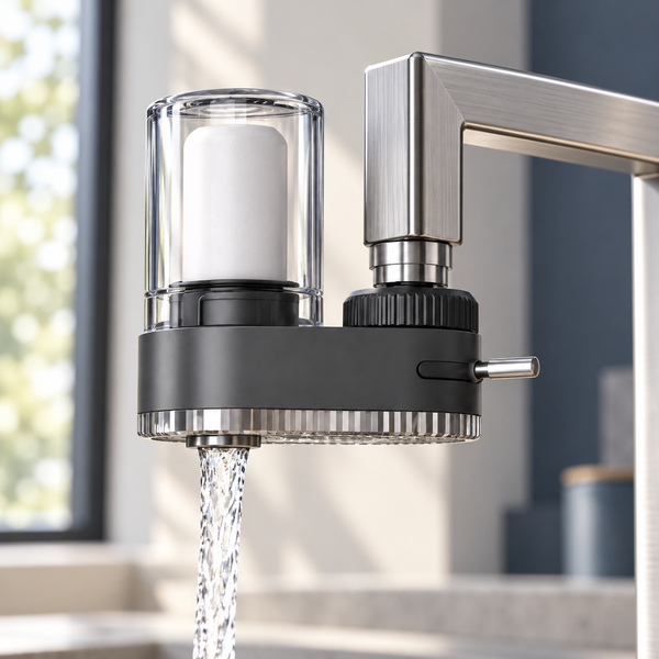 Filtre WaterPuro anthracite installé sur un robinet